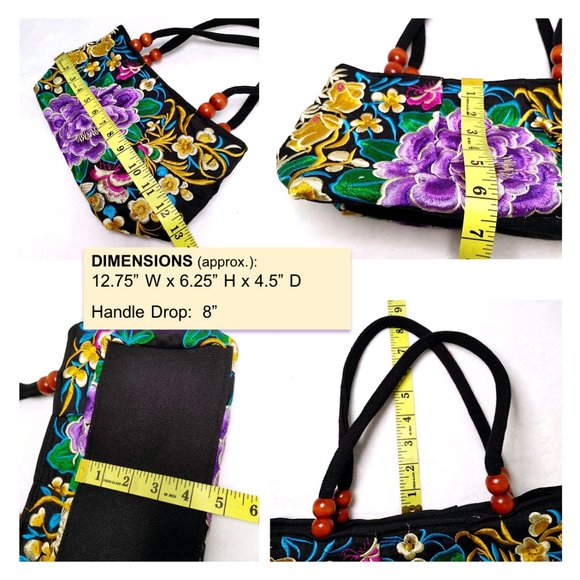 Embroidery Satchel Floral Rabbits Black Purple Canvas Tote Zip Top Handle Lined - Picture 12 of 12